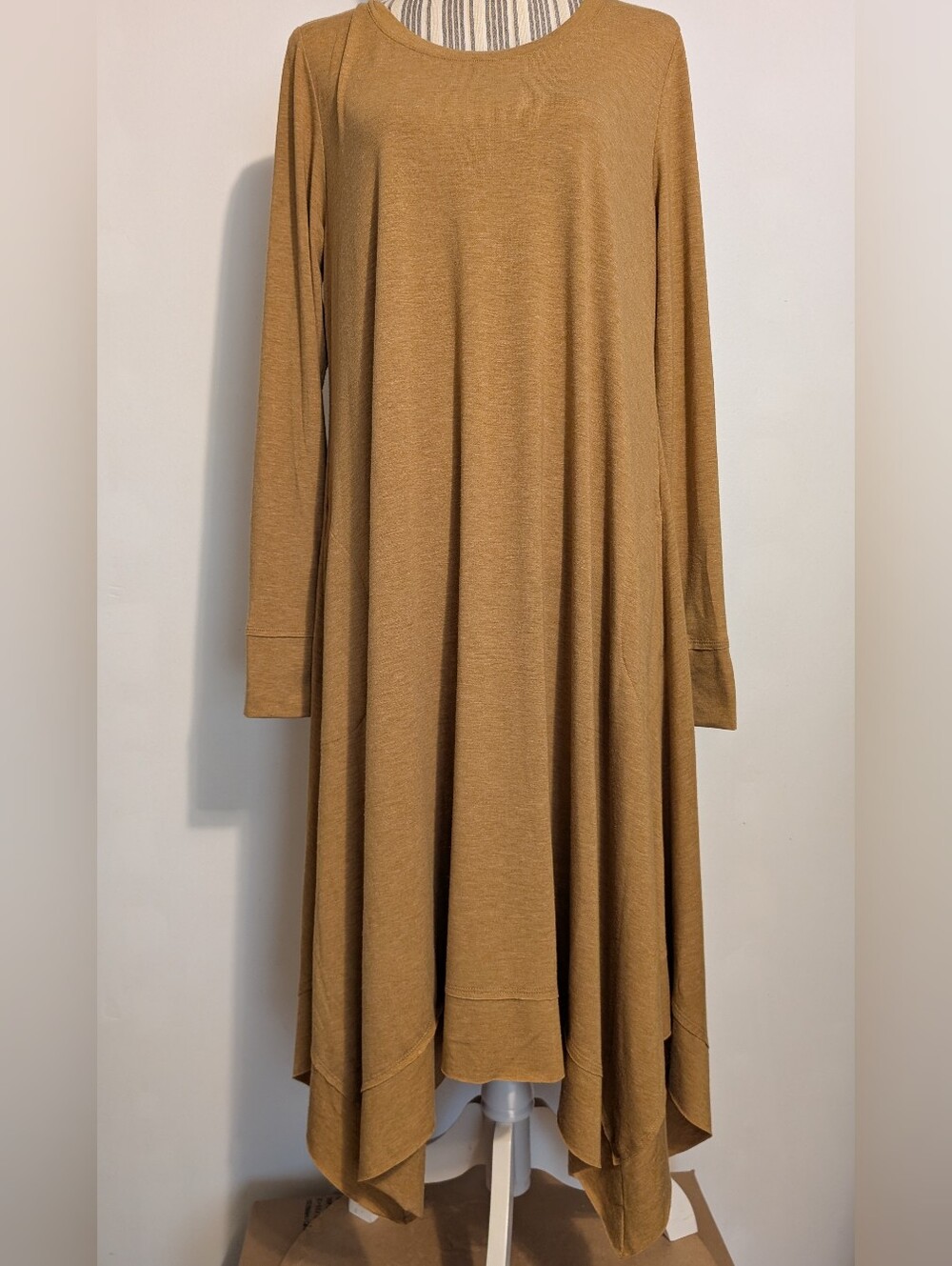 Logo Lounge Long Sleeve Asymmetrical Midi Dress in Camel Pockets Women's Large